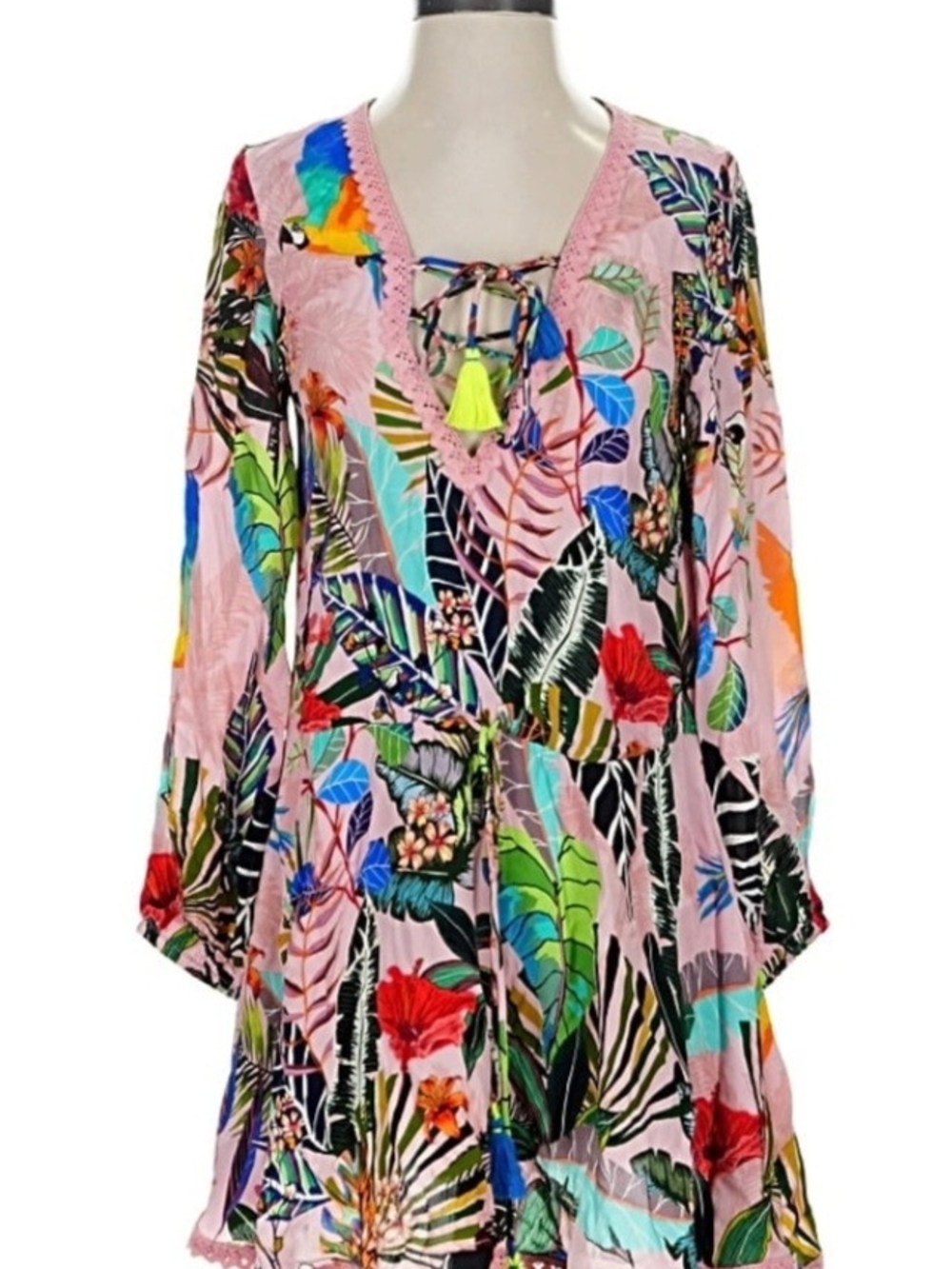 Tropical Floral Pink V-Neck Tunic Dress